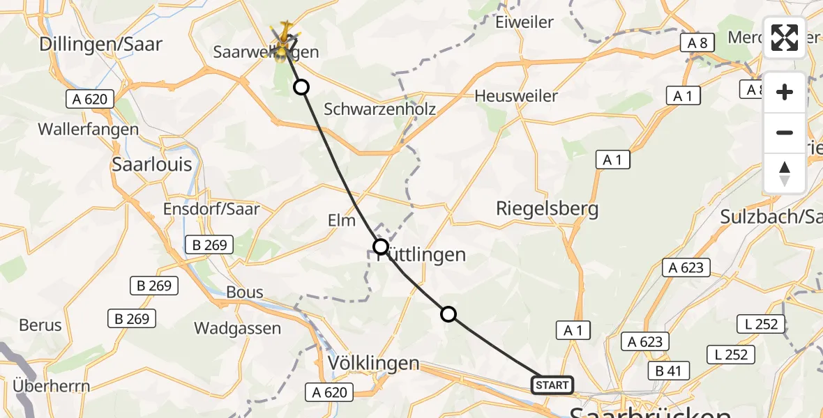 Flugroute Rettungshubschrauber Saarbrücken - Saarwellingen, 27 August 2026, 05:20