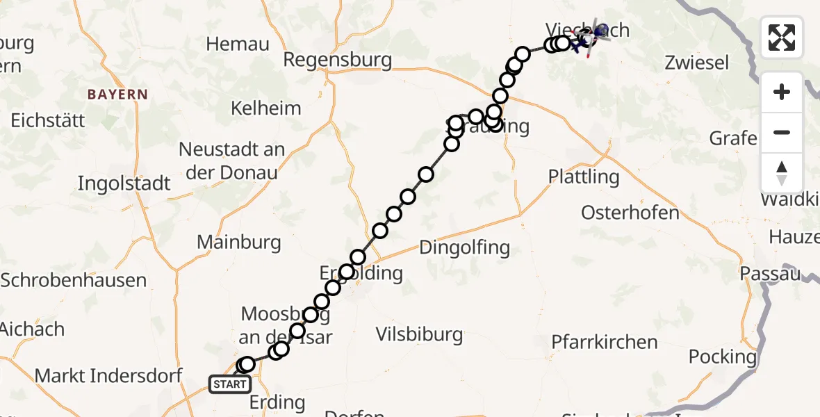 Flugroute Polizeihubschrauber München Flughafen - Viechtach, 27 August 2026, 05:22
