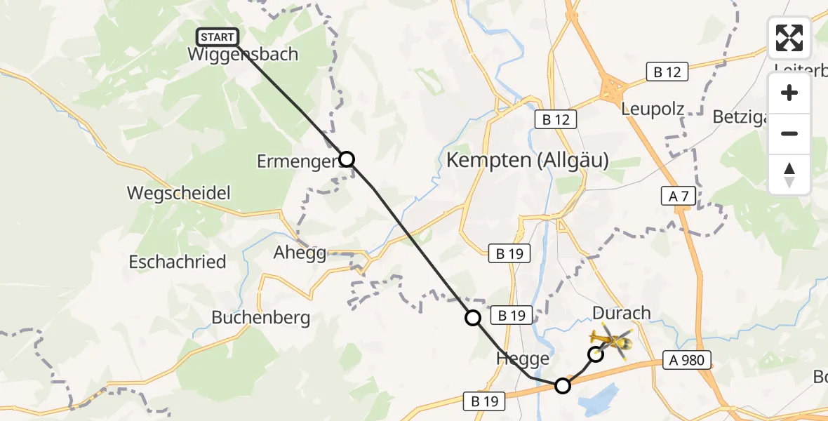 Flugroute Rettungshubschrauber Wiggensbach - Kempten-Durach Flugplatz, 27 August 2026, 05:41