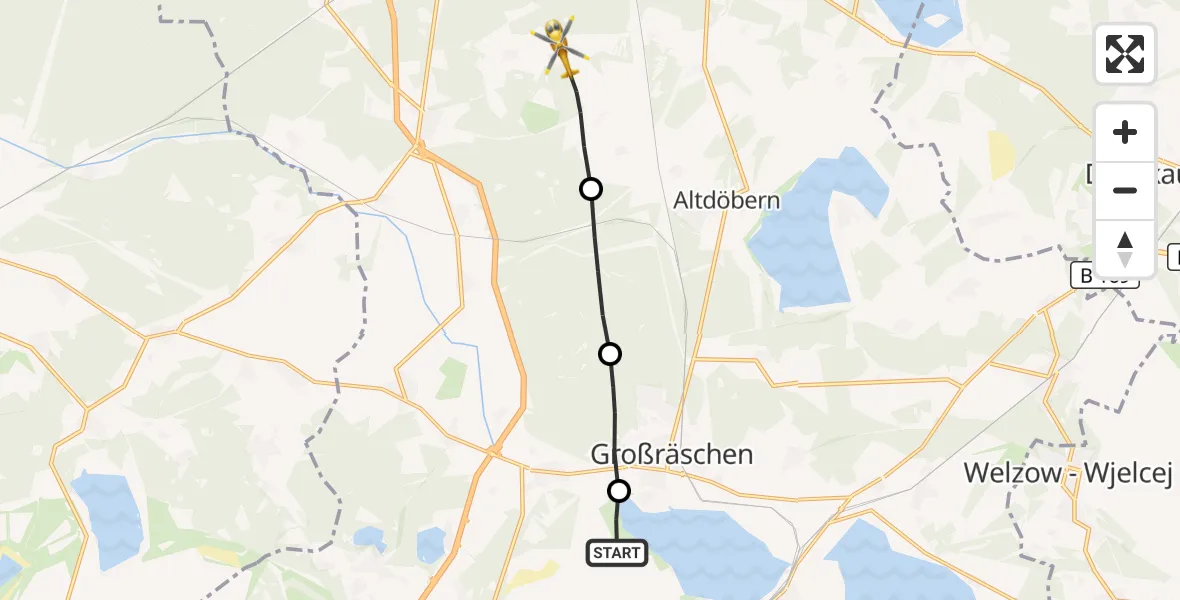 Flugroute Rettungshubschrauber Senftenberg - Luckaitztal, 27 August 2026, 05:43