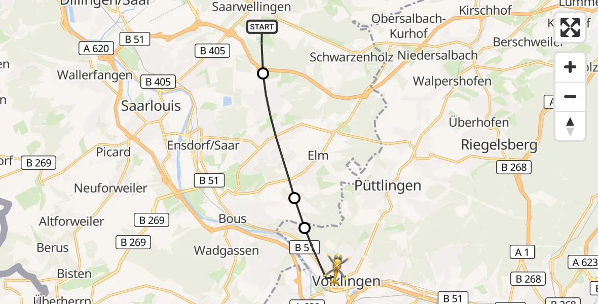 Flugroute Rettungshubschrauber Saarwellingen - Völklingen, 27 August 2026, 05:53