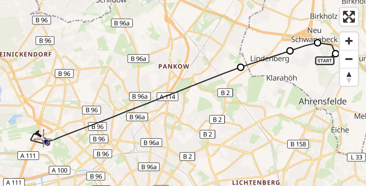 Flugroute Polizeihubschrauber Ahrensfelde Hubschrauberlandeplatz - Berlin, 27 August 2026, 06:04
