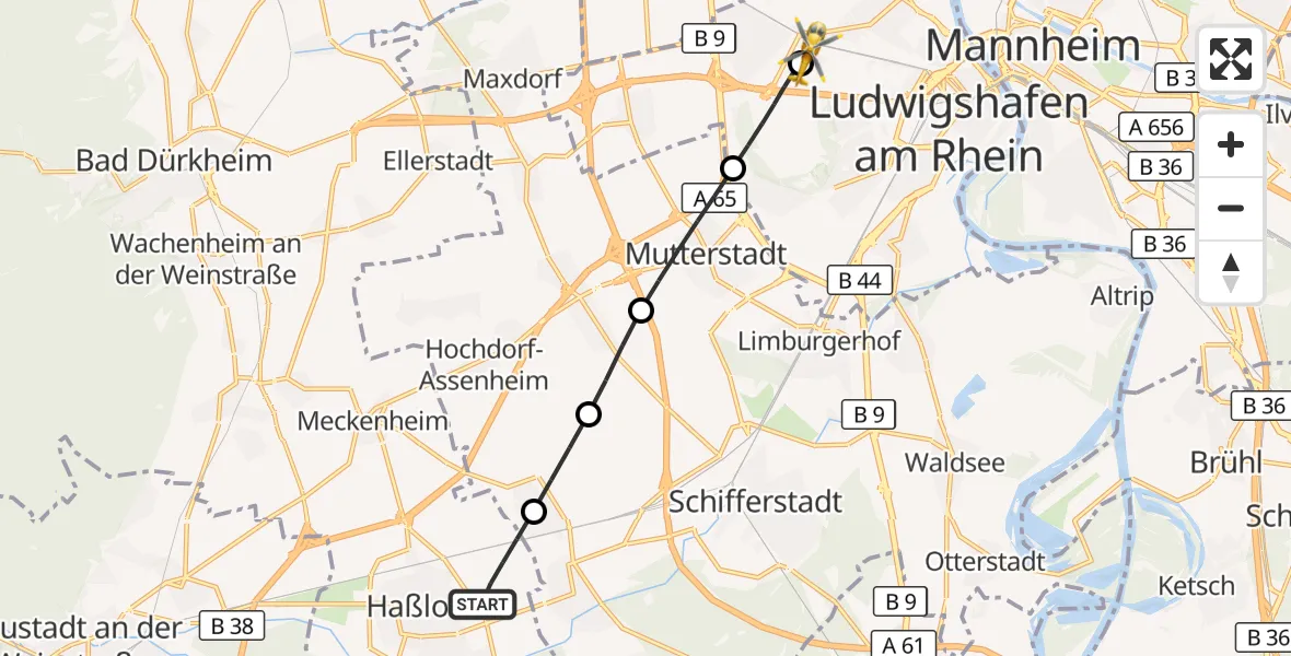 Flugroute Rettungshubschrauber Haßloch - Ludwigshafen Accident Hospital, 27 August 2026, 06:20