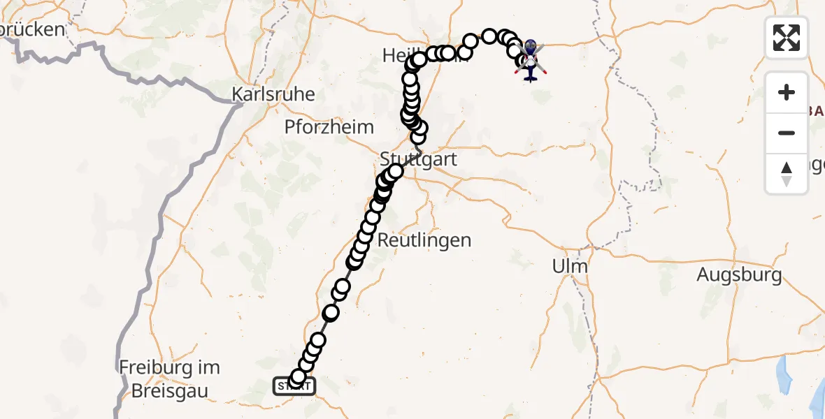 Flugroute Polizeihubschrauber Donaueschingen-Villingen Flugplatz - Adolf Würth Flughafen, 27 August 2026, 06:40
