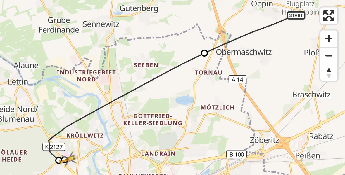 Flugroute Rettungshubschrauber Landsberg - Halle (Saale) University Hospital, 27 August 2026, 06:58