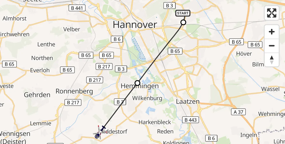 Flugroute Polizeihubschrauber Hannover Luftrettung Hubschrauberlandeplatz (Christoph 4) - Hemmingen, 27 August 2026, 07:05