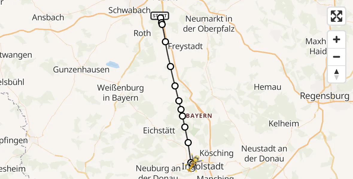 Flugroute Rettungshubschrauber Wendelstein - Ingolstadt Hospital, 27 August 2026, 07:15