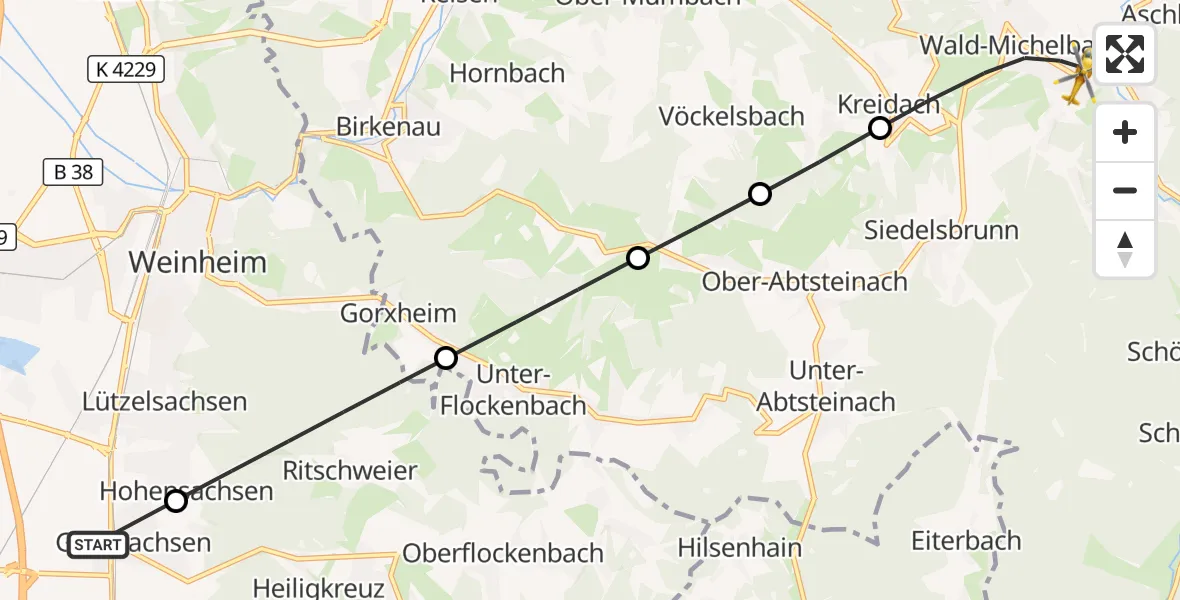 Flugroute Rettungshubschrauber Hirschberg an der Bergstraße - Wald-Michelbach, 27 August 2026, 07:15