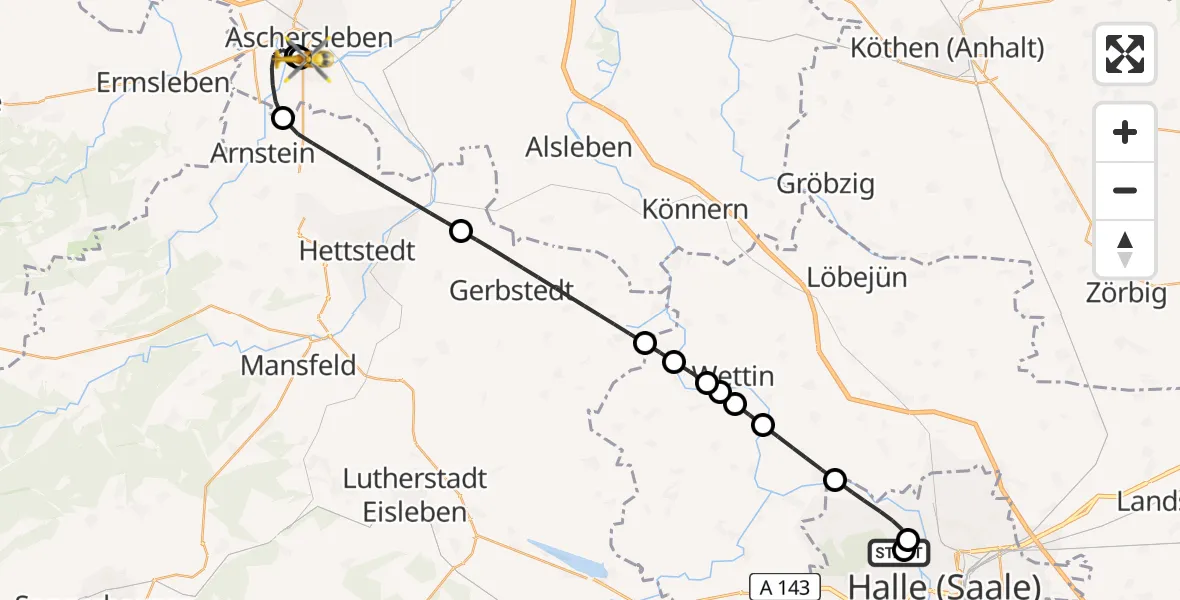 Flugroute Rettungshubschrauber Halle (Saale) University Hospital - AMEOS Hospital Aschersleben, 27 August 2026, 07:17