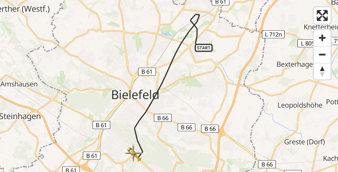Flugroute Rettungshubschrauber Bielefeld - Luftrettungszentrum Bielefeld, 27 August 2026, 07:17