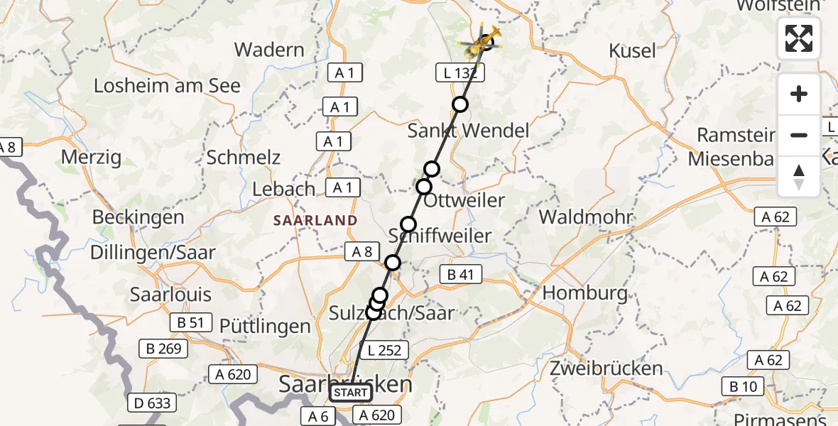 Flugroute Rettungshubschrauber Saarbrücken - Freisen, 27 August 2026, 07:24