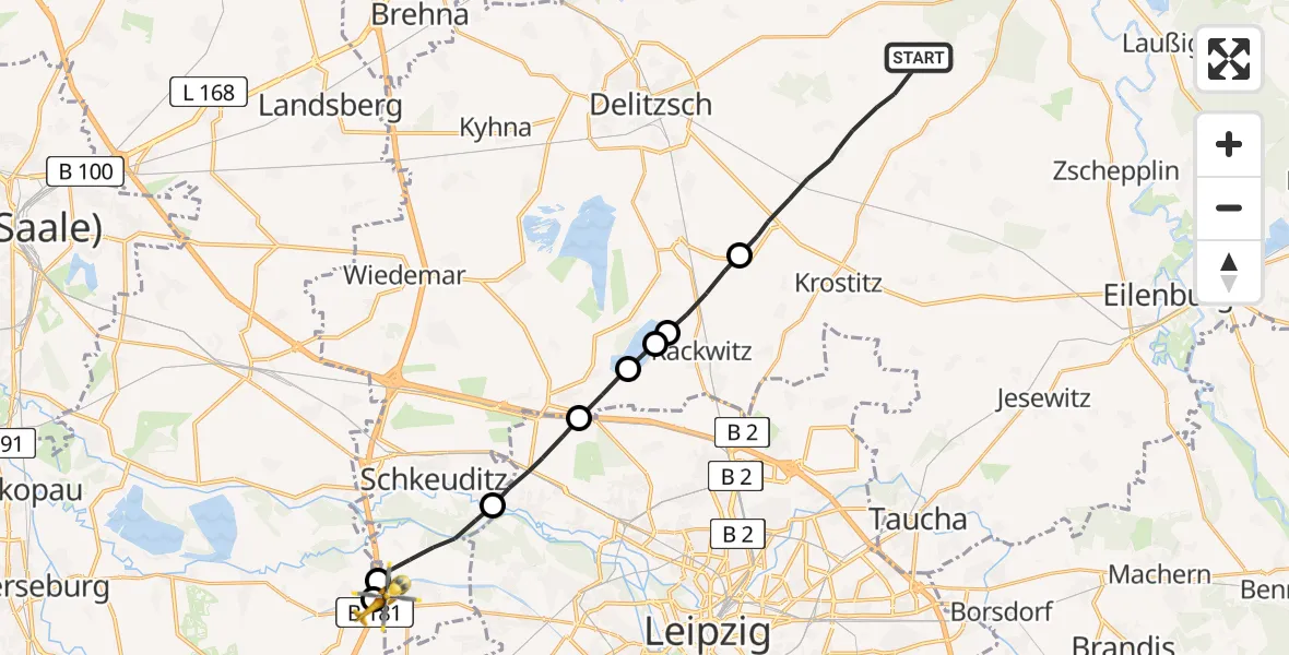 Flugroute Rettungshubschrauber Schönwölkau - ADAC Air Rescue Station Leipzig/Schkeuditz-Dölzig Hubschrauberlandeplatz (Christoph 61), 27 August 2026, 07:30