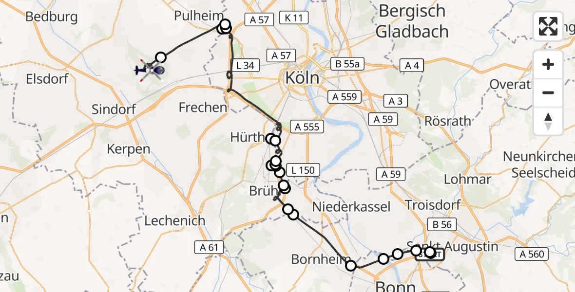 Flugroute Polizeihubschrauber Sankt Augustin - Bergheim, 27 August 2026, 07:35