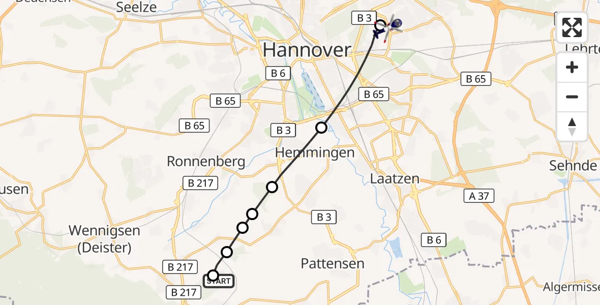 Flugroute Polizeihubschrauber Springe - Hannover Luftrettung Hubschrauberlandeplatz (Christoph 4), 27 August 2026, 07:44