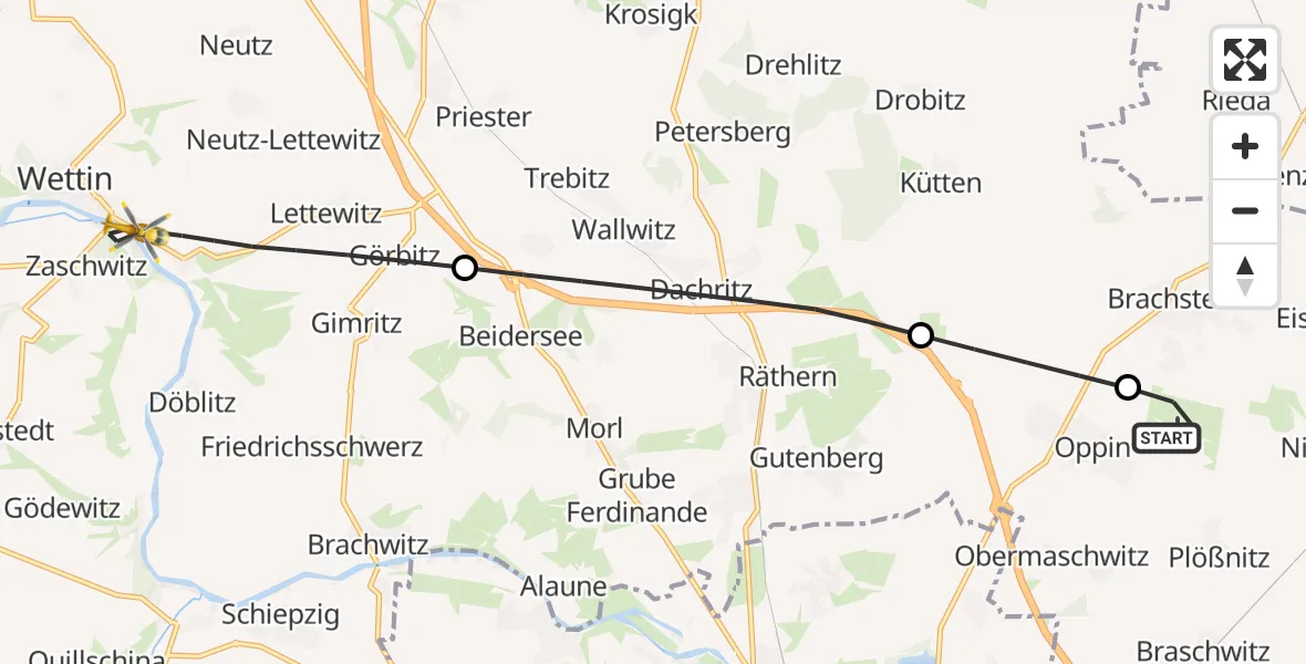 Flugroute Rettungshubschrauber Halle-Oppin Flugplatz - Wettin-Löbejün, 27 August 2026, 07:46
