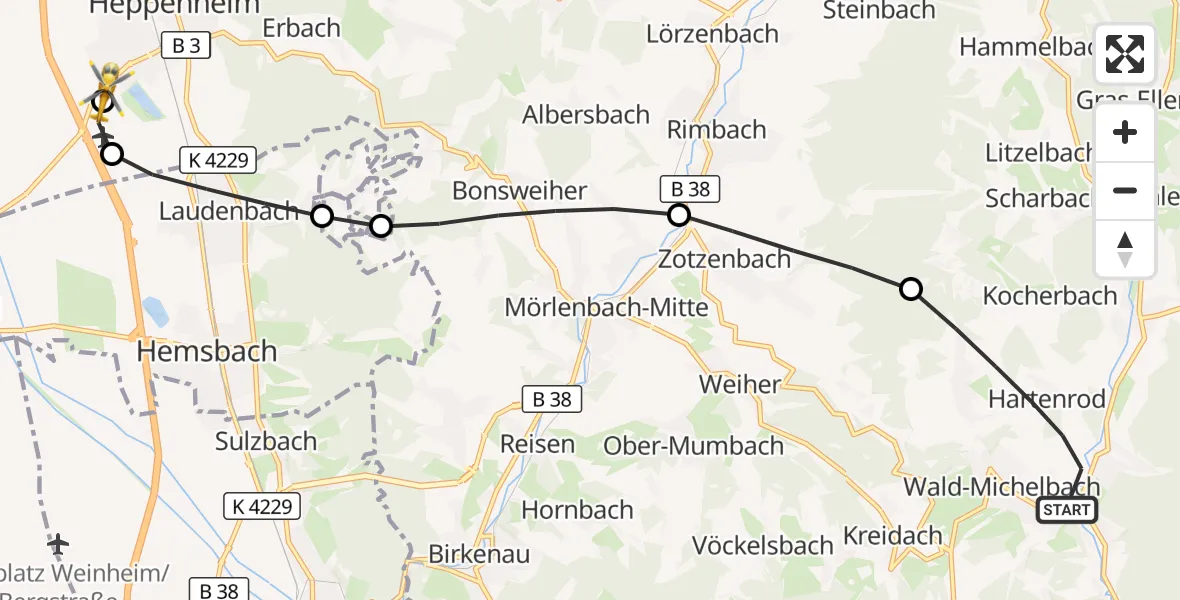 Flugroute Rettungshubschrauber Wald-Michelbach - Bergstraße District Hospital, 27 August 2026, 07:49