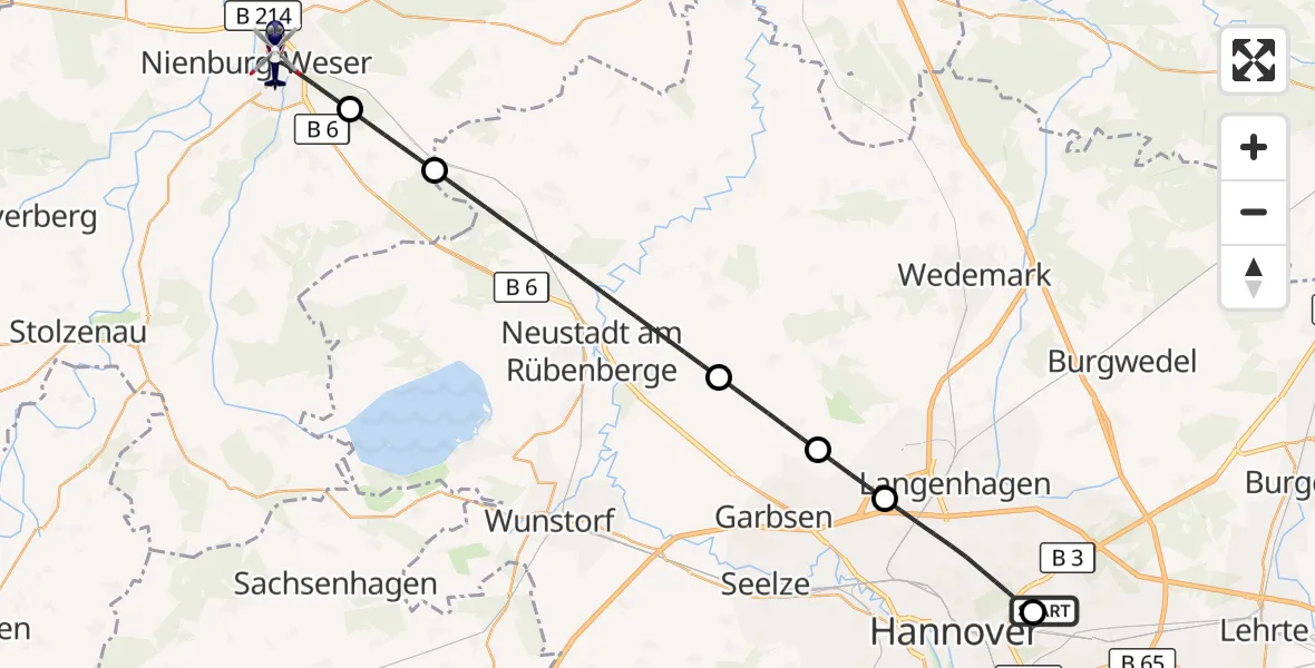 Flugroute Polizeihubschrauber Hannover Luftrettung Hubschrauberlandeplatz (Christoph 4) - Nienburg (Weser), 27 August 2026, 07:52