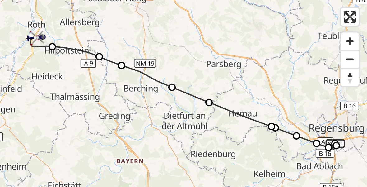 Flugroute Polizeihubschrauber DRF Air Rescue Station Regensburg / Regensburg University Hospital - Roth, 27 August 2026, 07:52