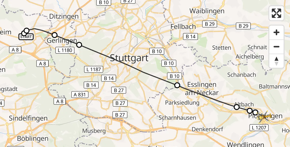 Flugroute Rettungshubschrauber Leonberg Hospital - Plochingen, 27 August 2026, 07:57