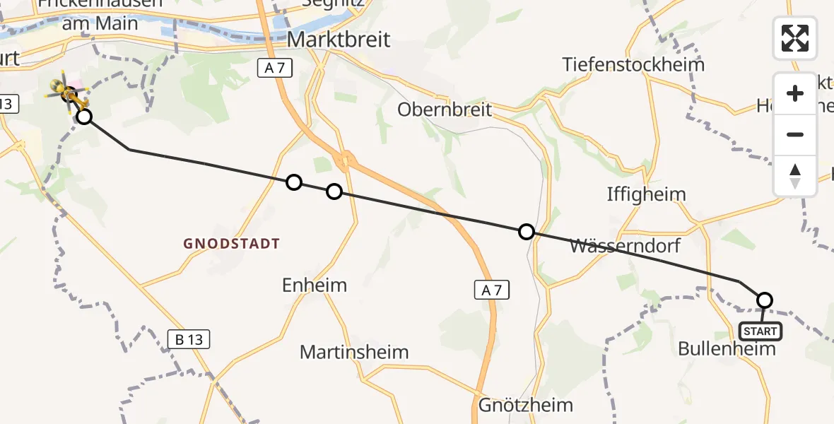 Flugroute Rettungshubschrauber Ippesheim - Ochsenfurt Hospital, 27 August 2026, 07:58