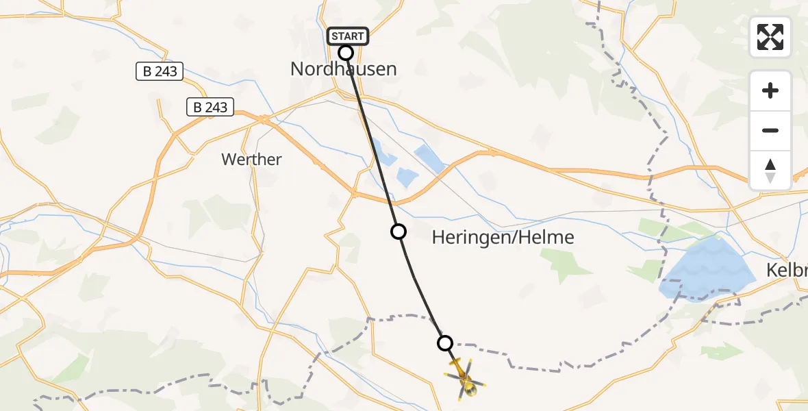 Flugroute Rettungshubschrauber Südharz Hospital Nordhausen - Sondershausen, 27 August 2026, 07:59