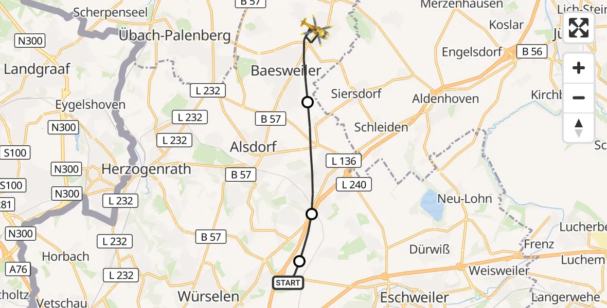 Flugroute Rettungshubschrauber Aachen-Merzbrück Flughafen - Baesweiler, 27 August 2026, 08:02