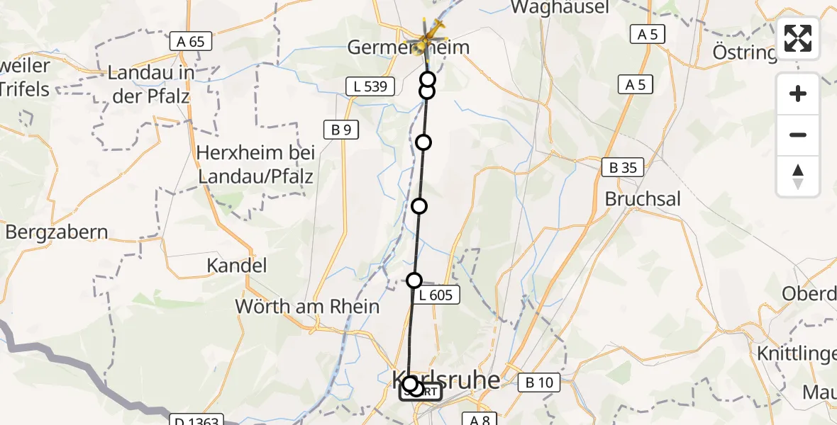 Flugroute Ambulanzhubschrauber Sankt Vincentius Hospital - Germersheim, 27 August 2026, 08:06