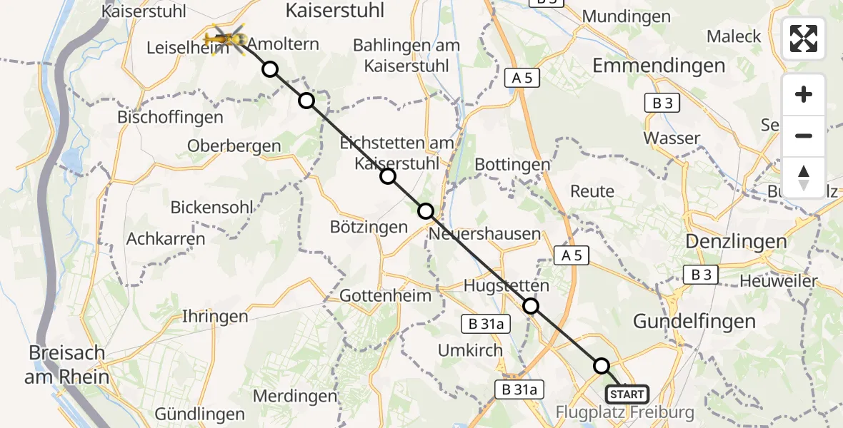 Flugroute Ambulanzhubschrauber Freiburg im Breisgau Flugplatz - Endingen am Kaiserstuhl, 27 August 2026, 08:24