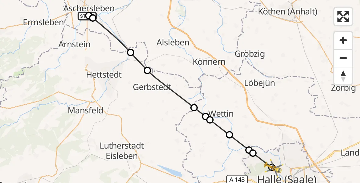 Flugroute Rettungshubschrauber AMEOS Hospital Aschersleben - Halle (Saale) University Hospital, 27 August 2026, 08:25