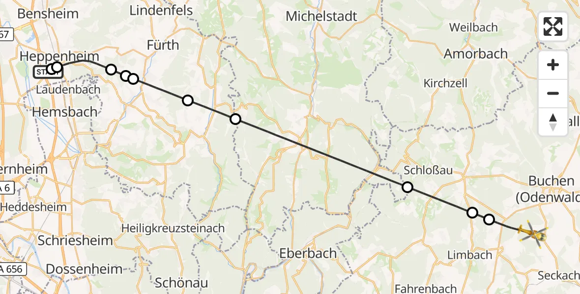 Flugroute Rettungshubschrauber Bergstraße District Hospital - Buchen (Odenwald), 27 August 2026, 08:31
