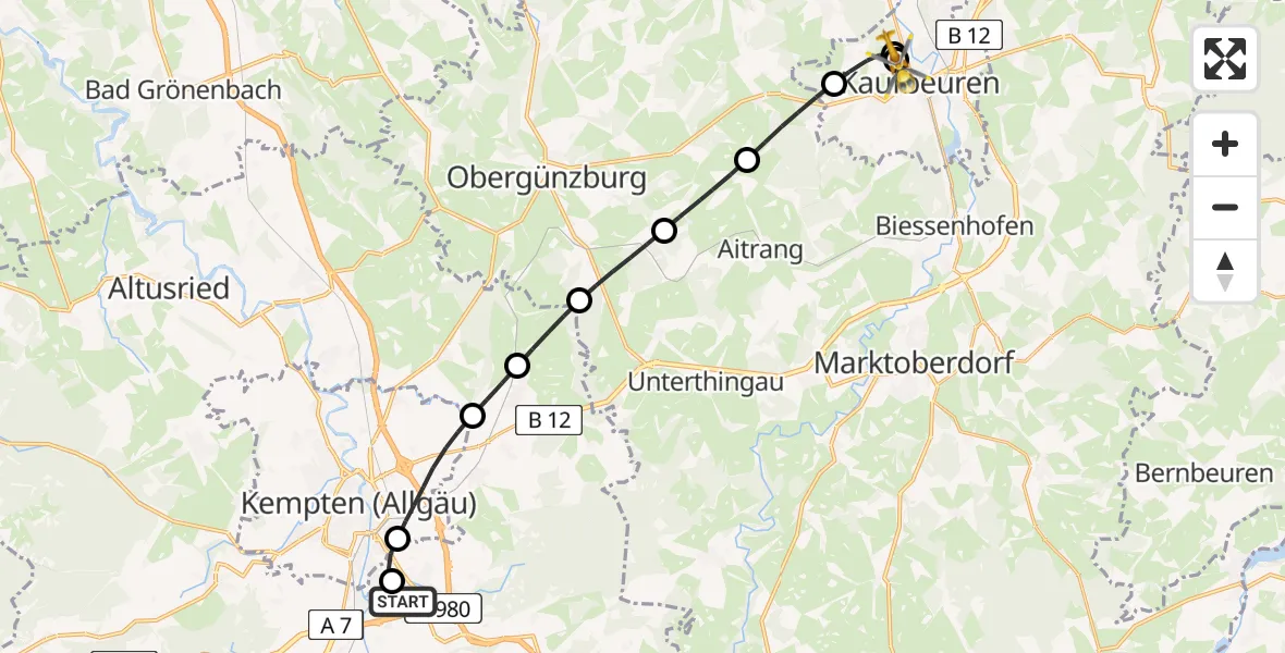 Flugroute Rettungshubschrauber Kempten-Durach Flugplatz - Ostallgäu-Kaufbeuren Hospital, 27 August 2026, 08:34
