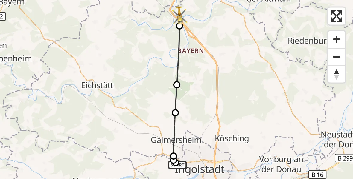 Flugroute Rettungshubschrauber Ingolstadt Hospital - Kinding, 27 August 2026, 08:34