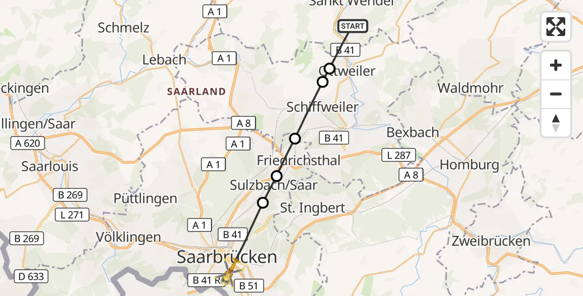 Flugroute Rettungshubschrauber St. Wendel - Saarbrücken, 27 August 2026, 08:44
