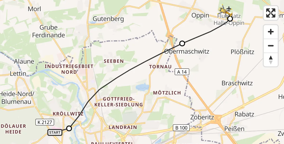Flugroute Rettungshubschrauber Halle (Saale) University Hospital - Halle-Oppin Flugplatz, 27 August 2026, 08:52