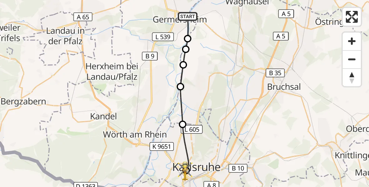 Flugroute Ambulanzhubschrauber Germersheim - Sankt Vincentius Hospital, 27 August 2026, 08:53