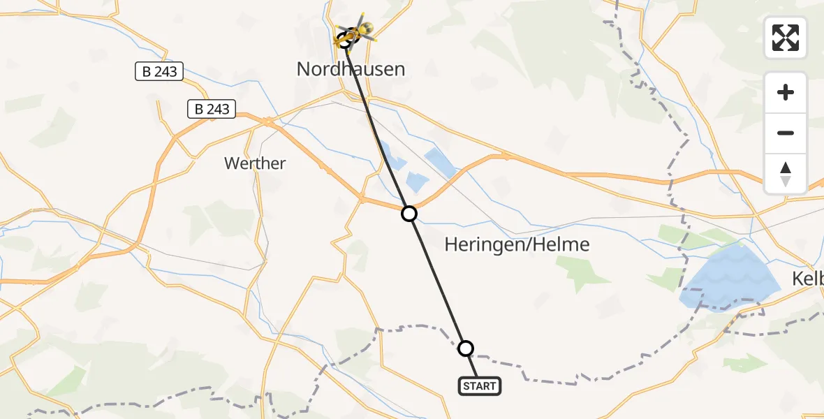 Flugroute Rettungshubschrauber Sondershausen - Südharz Hospital Nordhausen, 27 August 2026, 08:55