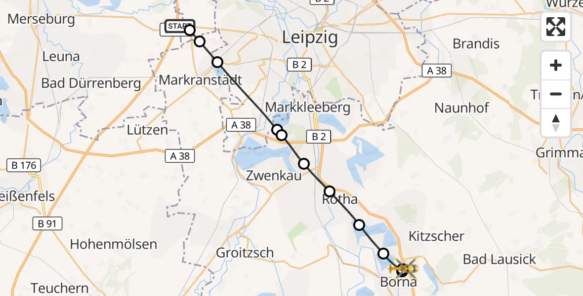 Flugroute Rettungshubschrauber ADAC Air Rescue Station Leipzig/Schkeuditz-Dölzig Hubschrauberlandeplatz (Christoph 61) - Sana Hospital Borna, 27 August 2026, 08:56