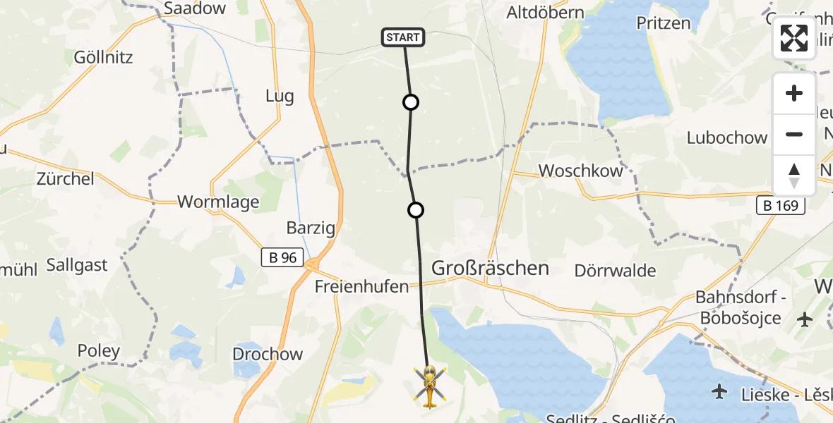 Flugroute Rettungshubschrauber Luckaitztal - Senftenberg, 27 August 2026, 09:11