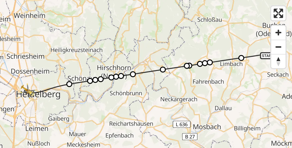 Flugroute Rettungshubschrauber Buchen (Odenwald) - Heidelberg, 27 August 2026, 09:15