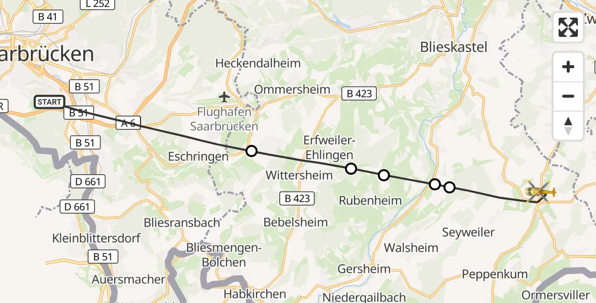 Flugroute Rettungshubschrauber Saarbrücken - Blieskastel, 27 August 2026, 09:19