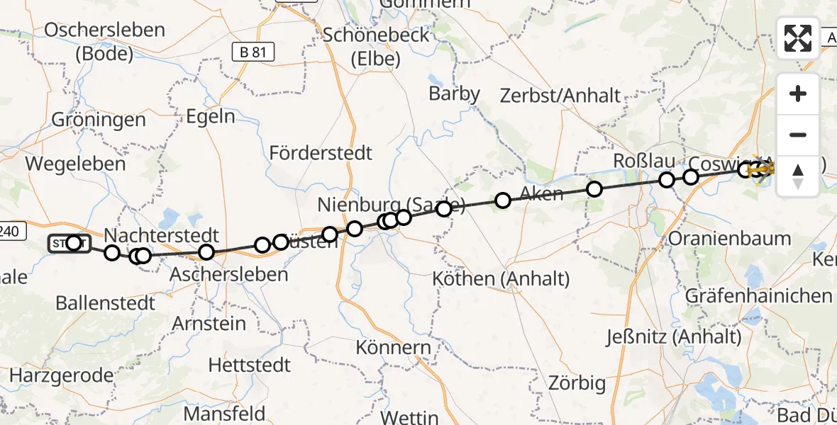Flugroute Rettungshubschrauber Harz Hospital Quedlinburg - MediClin Heart Center Coswig Hubschrauberlandeplatz, 27 August 2026, 09:21