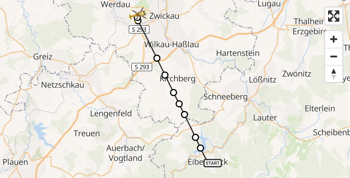 Flugroute Rettungshubschrauber Eibenstock - ADAC Air Rescue Station Zwickau Hubschrauberlandeplatz, 27 August 2026, 09:22