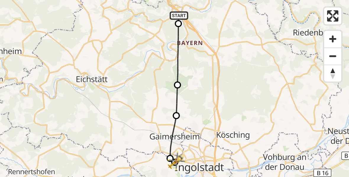 Flugroute Rettungshubschrauber Kinding - Ingolstadt Hospital, 27 August 2026, 09:22