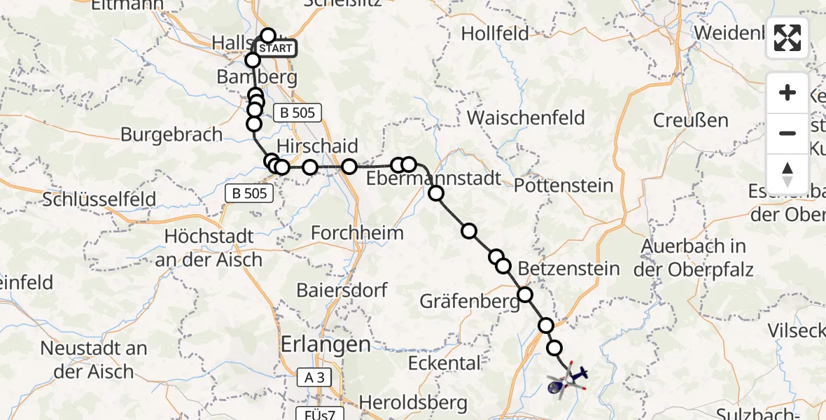 Flugroute Polizeihubschrauber Bamberg-Breitenau Flugplatz - Kirchensittenbach, 27 August 2026, 09:33