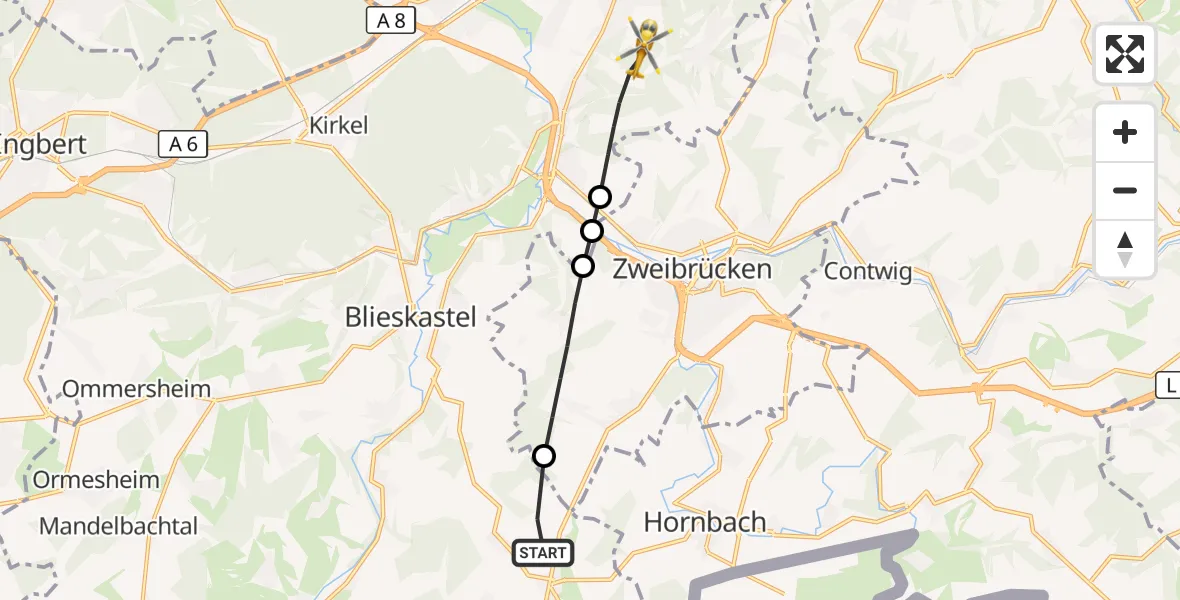 Flugroute Rettungshubschrauber Blieskastel - Homburg, 27 August 2026, 09:48