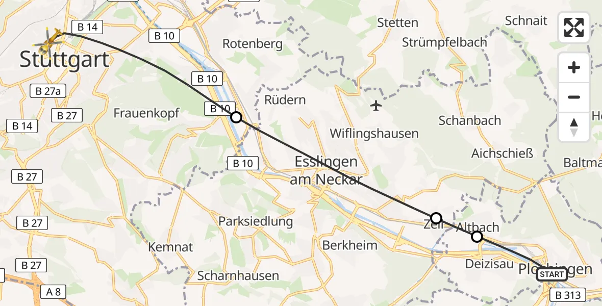 Flugroute Rettungshubschrauber Plochingen - Stuttgart, 27 August 2026, 09:51