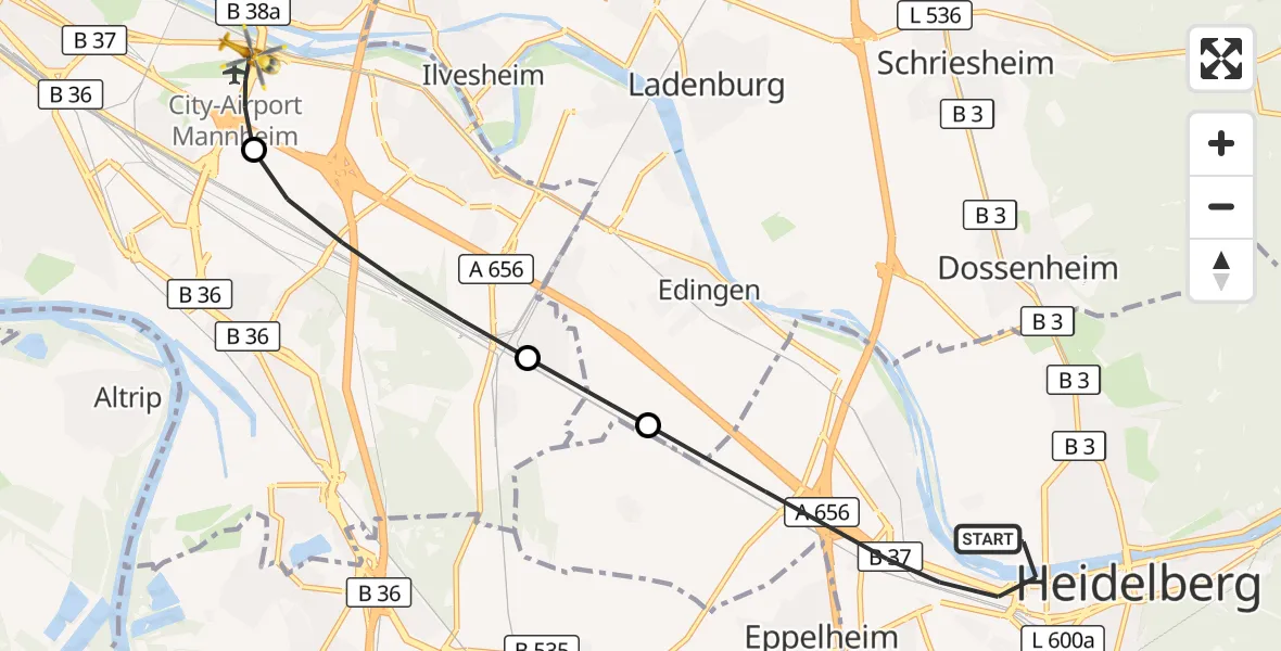 Flugroute Rettungshubschrauber Heidelberg - Mannheim-City Flughafen, 27 August 2026, 09:58