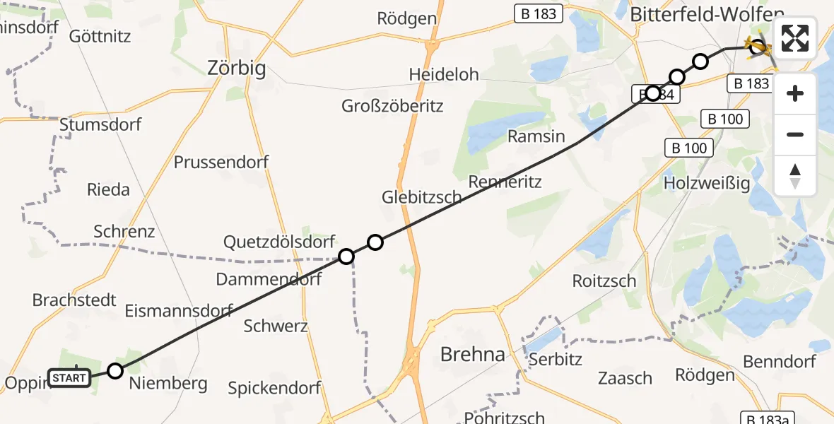 Flugroute Rettungshubschrauber Halle-Oppin Flugplatz - Bitterfield-Wolfen Health Center Hubschrauberlandeplatz, 27 August 2026, 09:59