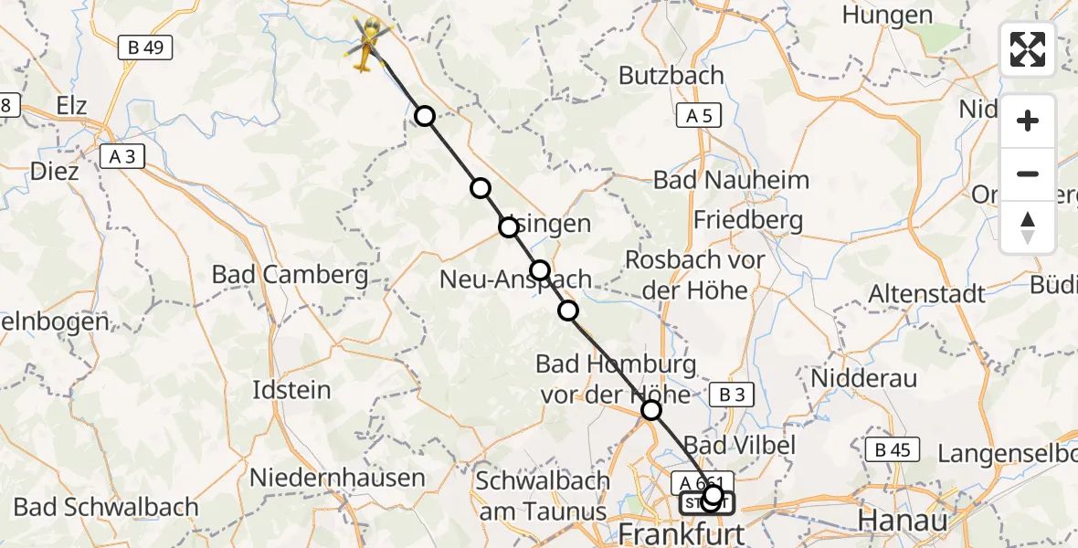 Flugroute Rettungshubschrauber Frankfurt am Main Accident Hospital Roof Helipad (CHX2) - Weilmünster, 27 August 2026, 10:07