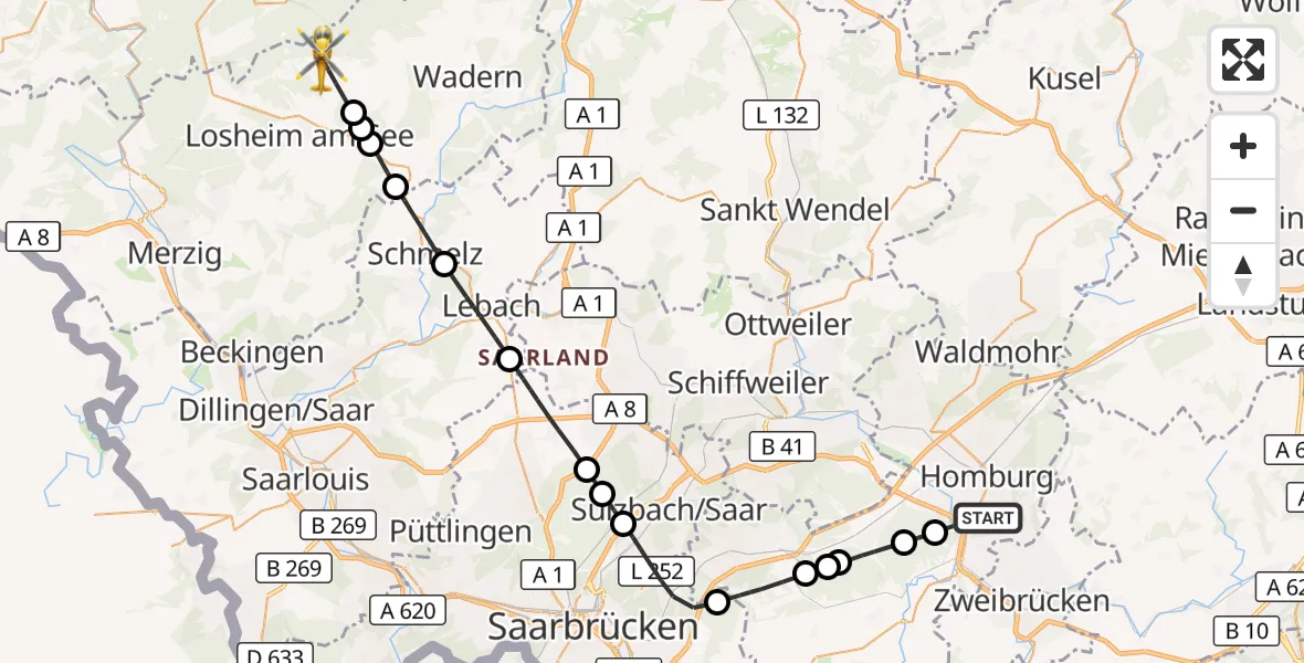 Flugroute Rettungshubschrauber Homburg - Losheim am See, 27 August 2026, 10:25